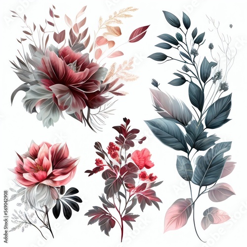 Watercolor flowers set. Collection of decorative elements bright colorful flowers, leaves, grass, hand drawn with watercolors. Decoration Watercolor flowers isolated. Generative AI © megavectors