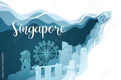 Ship ocean in panorama of world famous landmarks of singapore for travel advertising