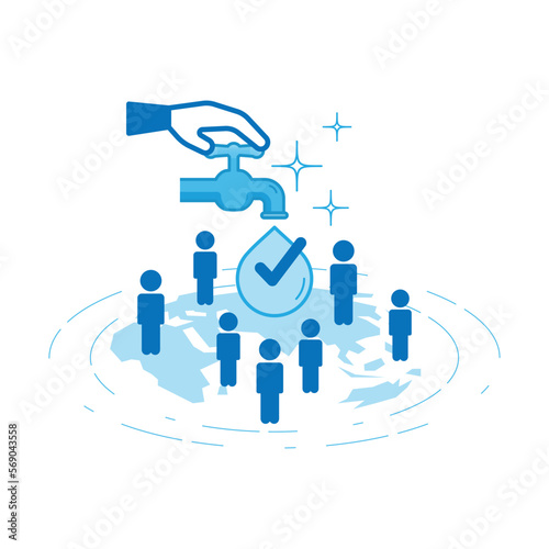 Hand turn on tap, clean water drop with check mark falling into global map and people symbol. Clean water is a human right concept. Vector illustration outline flat design style. 