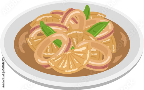 皿に盛り付けられた、イカと大根の煮物のイラスト