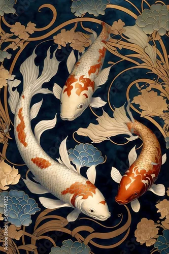 Naklejka na ścianę Oriental background Asian style abstract design of koi fish generative ai digital illustration