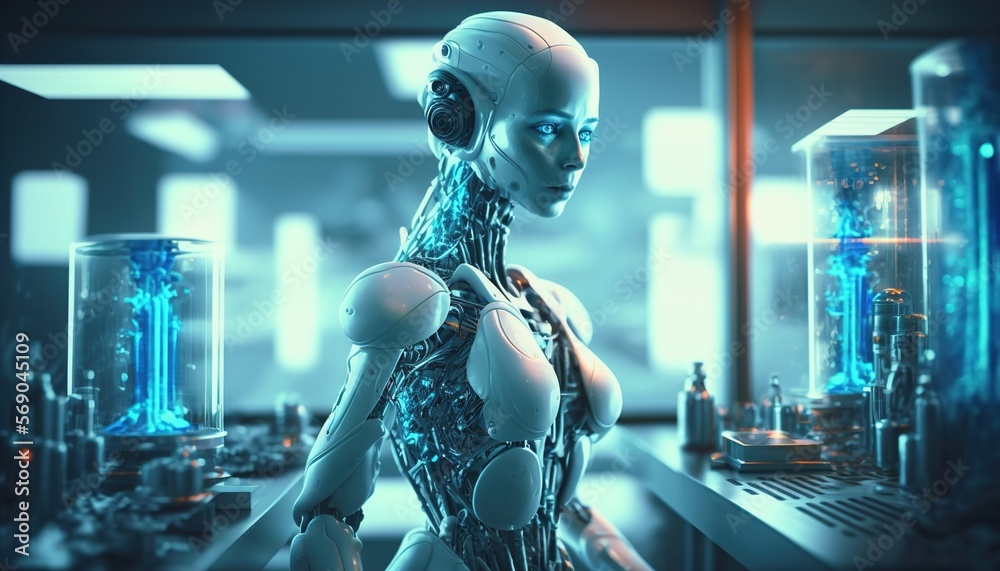 Cyborg Nuse in hospital, laboratory, futuristic created with generative ...