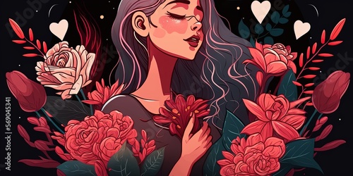 illustration of a girl with flowers   valentine s day celebration illustration with woman and flowers