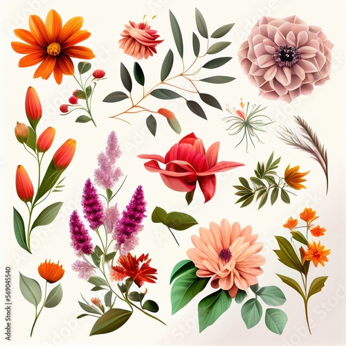 Watercolor flowers set. Collection of decorative elements bright colorful flowers, leaves, grass, hand drawn with watercolors. Decoration Watercolor flowers isolated. Generative AI