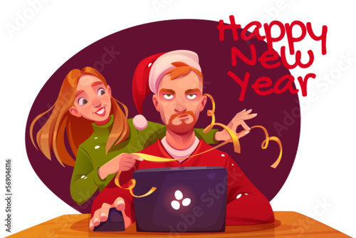 Happy New Year greeting card with cartoon characters grumpy man wear Santa hat working on laptop at desk and cheerful woman wrap him with serpentine. Couple celebrate holiday, Vector illustration