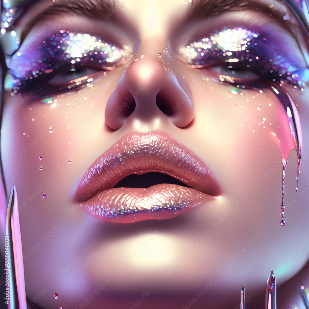Fototapeta premium Close-up of face with dripping glitter iridescent makeup, generative ai