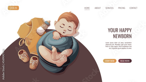 Sleeping swaddled baby boy, bodysuit, shoes and baby bottle. Newborn, Childbirth, Baby care, babyhood, childhood, infancy concept. Vector illustration for poster, banner, website.