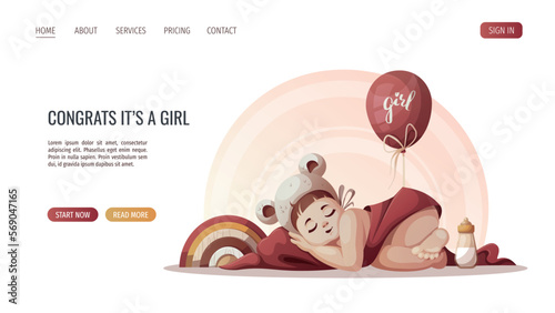 Baby girl sleeping in hat with ears. Newborn, Childbirth, Baby care, babyhood, childhood, infancy concept. Vector illustration for poster, banner, website.