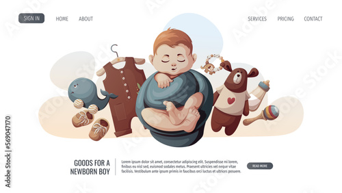 Sleeping swaddled baby boy, romper, shoes, teddy bear and baby bottle. Newborn, Childbirth, Baby care, babyhood, childhood, infancy concept. Vector illustration for poster, banner, website.