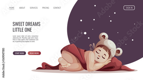 Baby girl sleeping in hat with ears. Newborn, Childbirth, Baby care, babyhood, childhood, infancy concept. Vector illustration for poster, banner, website.