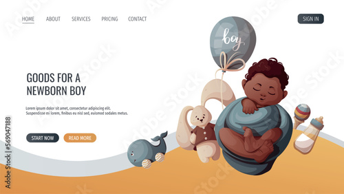 Sleeping swaddled baby boy, toys and baby bottle. Newborn, Childbirth, Baby care, babyhood, childhood, infancy concept. Vector illustration for poster, banner, website.
