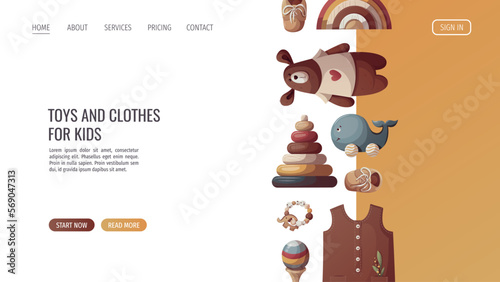Wooden push toys, pyramid, teddy bear, baby booties, baby clothes. Children's toys, kid's shop, playing, childhood, baby care concept. Vector illustration for poster, banner, website.