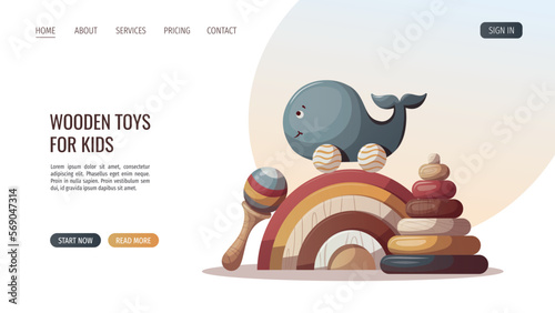 Wooden whale push toy, baby's pyramid, rainbow, rattle. Children's toys, kid's shop, playing, childhood concept. Vector illustration for poster, banner, website.