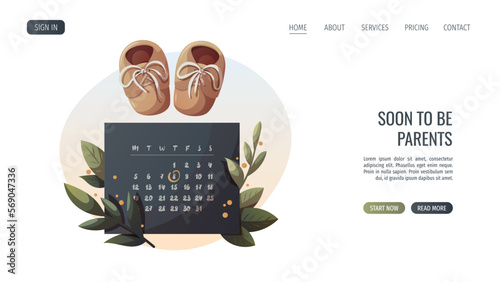 Monthly Calendar and baby shoes. Planning, Childbirth, scheduled even, appointment, baby waiting concept. Vector illustration for poster, banner, website.