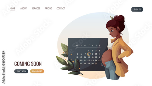 Pregnant woman standing in profile and Monthly Calendar. Motherhood, Pregnancy Planning, Childbirth, baby waiting concept. Vector Illustration for poster, banner, website.