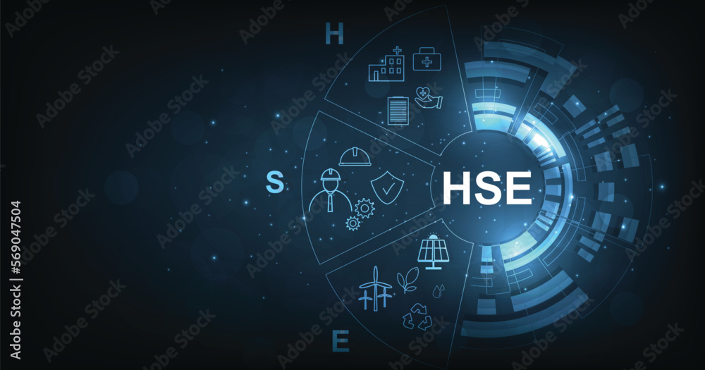 Health Safety and Environment (HSE) on the dark blue background. Health Safety Environment for Standard safe industrial work. Health Safety and Environment (HSE) on the dark blue background. Health Safety Environment for Standard safe industrial work.