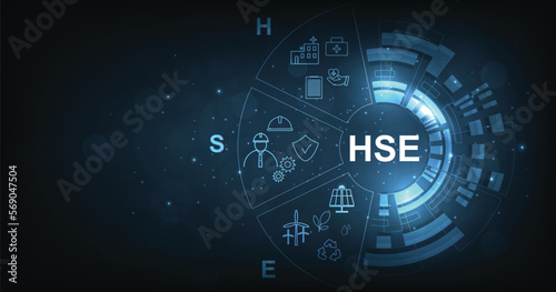 Health Safety and Environment (HSE) on the dark blue background. Health Safety Environment for Standard safe industrial work. 