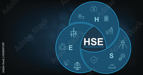  Health Safety Environment vector concept banner.Health Safety Environment for Standard safe industrial work. HSE Icon Set on dark blue background.