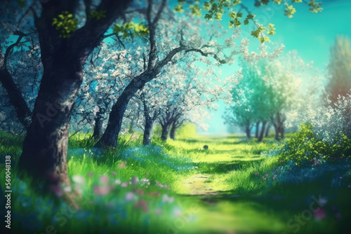 Beautiful blurred spring background nature with blooming glade  trees and blue sky on a sunny day