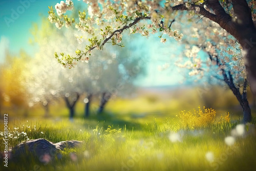 Beautiful blurred spring background nature with blooming glade, trees and blue sky on a sunny day