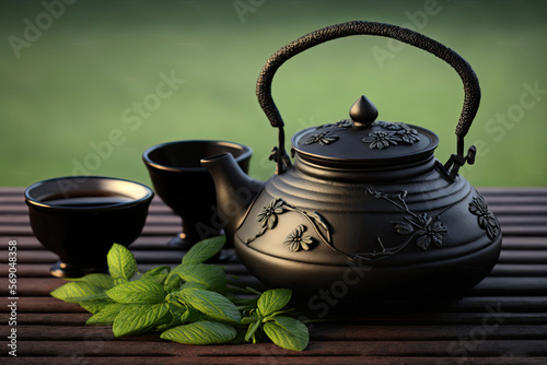 Azjatycki czajniczek z czarnego żelaza z gałązkami mięty na herbatę