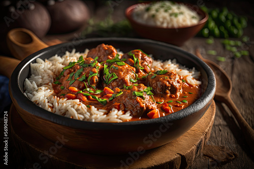 Macro shot homemade kreole rougail saucisse speciality culinaire with rice on a wood counter in a pub