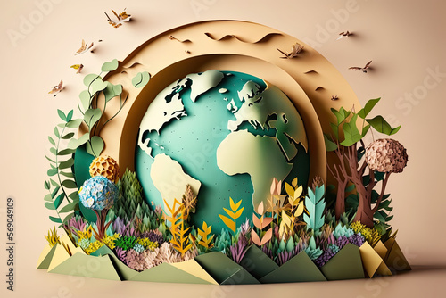 Fototapeta Naklejka Na Ścianę i Meble -  World environment and earth day concept with globe and eco friendly environment. paper art