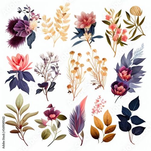 Watercolor flowers set. Collection of decorative elements bright colorful flowers  leaves  grass  hand drawn with watercolors. Decoration Watercolor flowers isolated. Generative AI