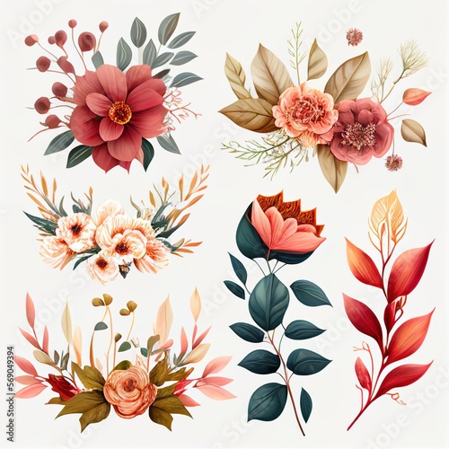 Watercolor flowers set. Collection of decorative elements bright colorful flowers  leaves  grass  hand drawn with watercolors. Decoration Watercolor flowers isolated. Generative AI