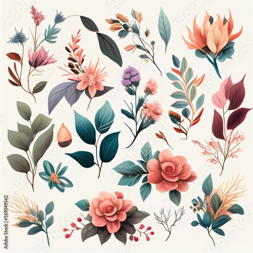 Watercolor flowers set. Collection of decorative elements bright colorful flowers  leaves  grass  hand drawn with watercolors. Decoration Watercolor flowers isolated. Generative AI