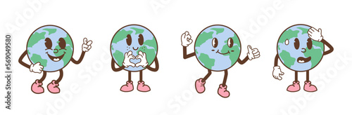 Set of earth characters in trendy retro cartoon style. Funny comic globe with different face expression. Vintage planet mascot with arms and legs. Vector illustration isolated on white background.