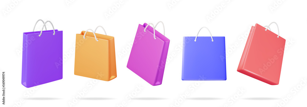 3D Shopping Bag Set Isolated on White Background. Render Collection Realistic Gift Bag. Sale, Discount or Clearance Concept. Online or Retail Shopping Symbol. Fashion Handbag. Vector Illustration 3D Shopping Bag Set Isolated on White Background. Render Collection Realistic Gift Bag. Sale, Discount or Clearance Concept. Online or Retail Shopping Symbol. Fashion Handbag. Vector Illustration