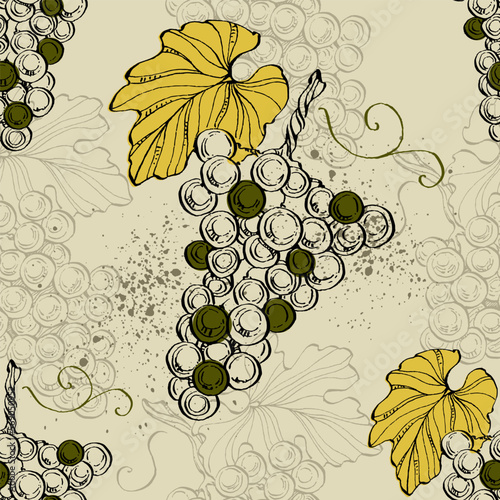 Seamless pattern with grape branch. Wineyard retro wallpaper. Garden background Sketch wild flower for background, texture, wrapper pattern, frame or border.