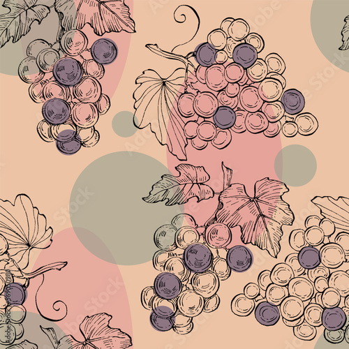 Seamless pattern with grape branch. Wineyard retro wallpaper. Garden background Sketch wild flower for background, texture, wrapper pattern, frame or border.