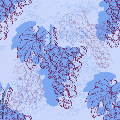 Seamless pattern with grape branch. Wineyard retro wallpaper. Garden background Sketch wild flower for background, texture, wrapper pattern, frame or border.