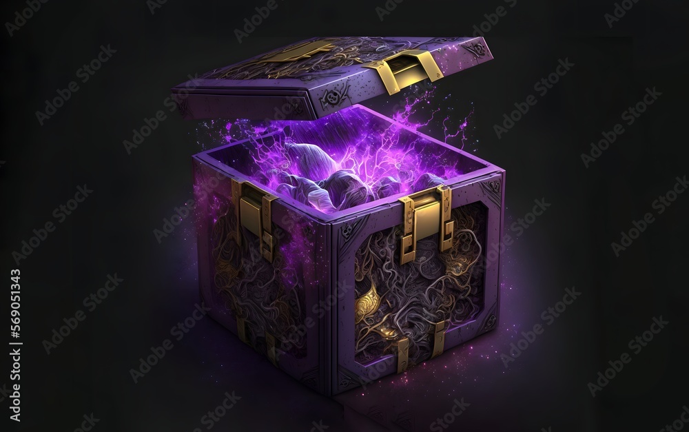 Obraz premium Purple color open mystical box gift inside, some glowing crystals