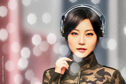 Young Asian woman in a camouflage suit listens to music with headphones on her ears, light reflections in the picture, fictional person, made with generative AI photo