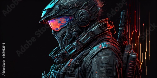 Cyberpunk Futuristic special force soldier with black background generative ai