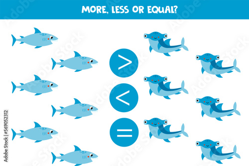More less or equal with cartoon hammerhead shark and blue shark.