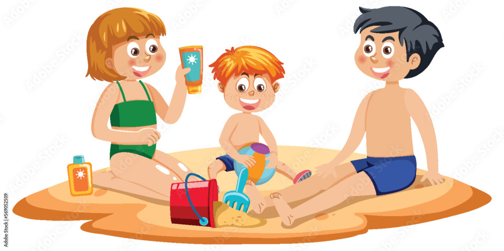 Three kids sitting on beach sand