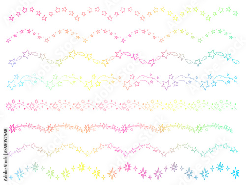 レインボーな流れ星のライン・飾り罫ペン画イラストセット