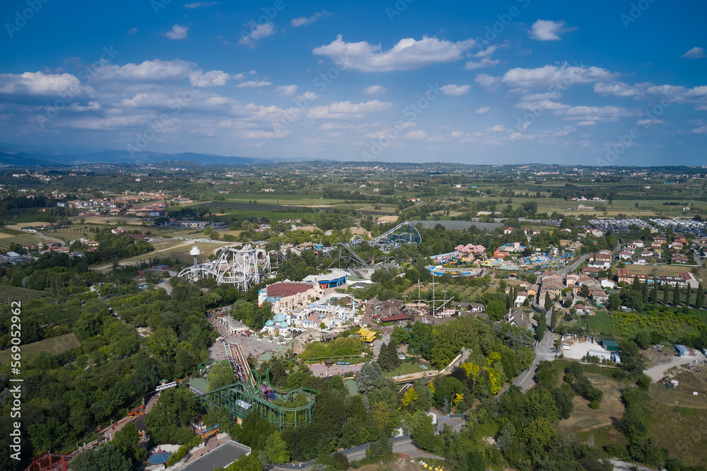 Aerial view of an amusement park on Lake Garda, Italy. Aerial panorama of landmarks on Lake Garda.