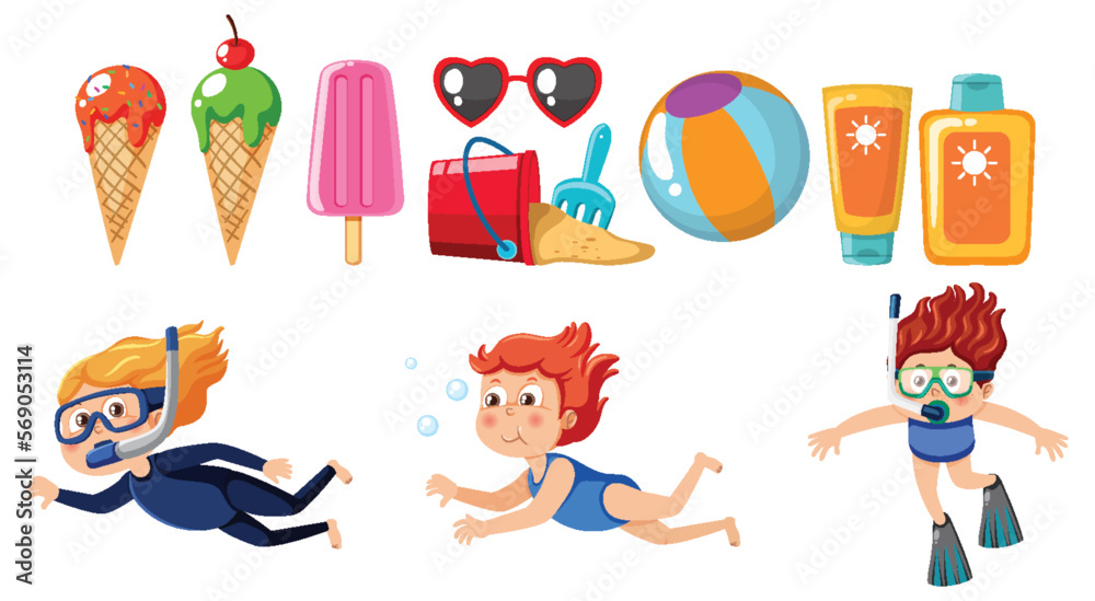 Set of kids character with summer element Set of kids character with summer element