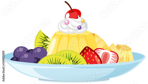 Pudding with mixed fruits in plate