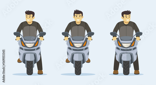 Happy young male character without helmet riding motorcycle. Front view. Stopping, standing and riding. Flat vector illustration template.  