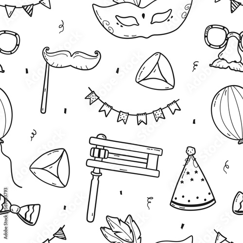 Background for Purim holiday with hand drawn traditional elements. Vector seamless pattern with carnival masks, gragger, Hamantaschen cookies, balloon, bow, confetti, party hat and garland