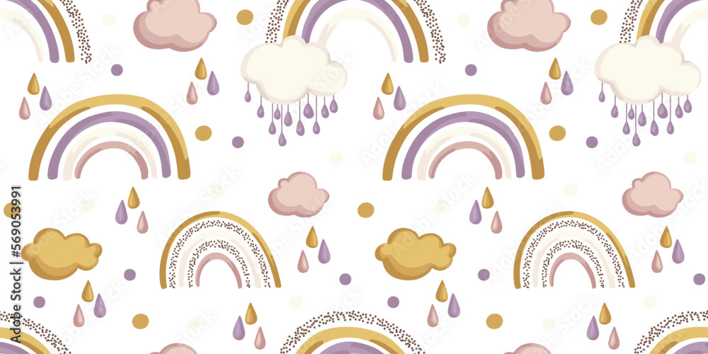 Seamless hand drawn vector pattern with cute cartoon rainbow, clouds and rain on halftone white background. Design for print, fabric , wallpaper, card