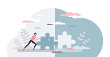 Business challenge solution as missing jigsaw puzzle piece tiny person concept, transparent background. Businessman strategy for company success and growth illustration.