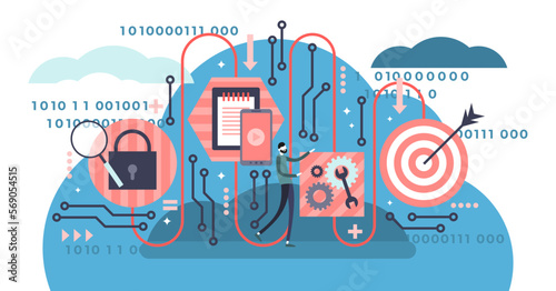 Algorithm illustration, transparent background. Flat tiny digital tech coding persons concept. Symbolic modern cyberspace engineering graphic.