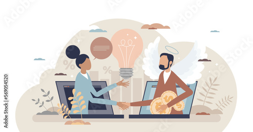 Angel investor help with money as entrepreneurship funding deal tiny person concept, transparent background. Initiative investment, idea financing and financial support for new businessman.